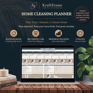 May include: A digital home cleaning planner displayed on a laptop screen, featuring a weekly schedule, task lists, and progress charts. The interface includes sections for room-by-room cleaning, recurring tasks, and tracking, with text labels in English.