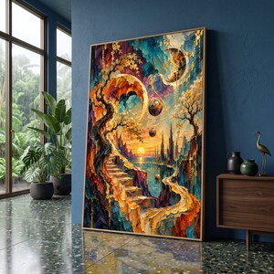 May include: A vertical rectangular wall art print featuring a surreal landscape with a winding stone staircase, golden trees, and celestial bodies in a vibrant palette of deep blue, orange, and gold, framed in a thin wooden border.