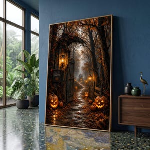 Puede incluir: Una impresión de arte mural rectangular vertical que representa un sendero forestal otoñal oscuro al atardecer. La escena presenta calabazas brillantes, linternas colgantes, una puerta de madera con un letrero de bienvenida y hojas caídas.