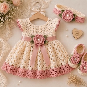 May include: A cream-colored crochet dress with flutter sleeves, a dusty pink satin ribbon waistband, and a central pink crochet flower with a pearl center. The set includes a matching crochet headband and shoes, each featuring a pink flower.