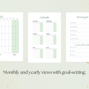 Peut inclure: Trois pages de planificateur blanches avec des accents verts. La première page est une grille mensuelle intitulée Monthly, Important et Goal. La deuxième est un calendrier semestriel. La troisième est une page Annual goal avec des sections.