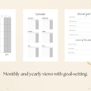 Peut inclure: Trois pages de planificateur blanches avec du texte noir et des mises en page en grille. La première page est intitulée Monthly avec des colonnes pour Important et Goal. La deuxième page montre un Calendar pour six mois. La troisième page inclut des sections Annual goal et Vision of the year.