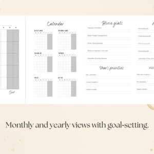 Peut inclure: Une page de planificateur blanche présentant une grille mensuelle avec une colonne importante et objectif, ainsi qu'une vue calendrier de six mois. Les sections incluent objectifs maison, objectifs annuels, priorités et vision de l'année.