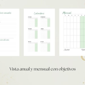 May include: Three white planner pages featuring green accents and black text. The first page shows annual goals, the second displays a six-month calendar, and the third provides a monthly view with sections for important tasks and objectives.