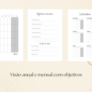 May include: Three white planner pages featuring black text and grid layouts. The left page is labeled Mensal, the center page is titled Objetivos anuais and Visão de ano, and the right page shows a six-month calendar labeled Calendário.