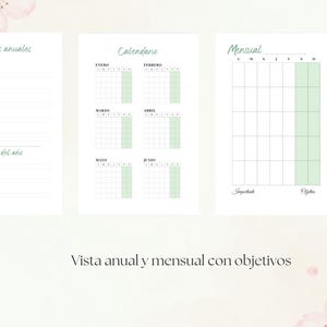 Puede incluir: Tres páginas de planificador blancas con detalles en verde y texto en español. La página izquierda muestra objetivos anuales, la central un calendario semestral y la derecha una cuadrícula mensual con secciones para tareas importantes y objetivos.