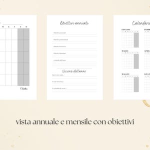 Peut inclure: Trois pages de planificateur blanches avec du texte noir et des mises en page en grille. La page de gauche montre une vue mensuelle, la page centrale liste les objectifs annuels et la vision, et la page de droite affiche un calendrier semestriel. Le texte indique vista annuale e mensile con obiettivi.