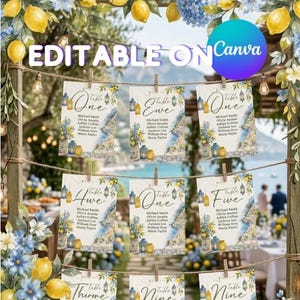 May include: A set of nine rectangular wedding seating chart cards hanging on a string with wooden clips, featuring a Mediterranean theme with lemons, blue flowers, and lanterns, with the text EDITABLE ON Canva visible at the top.