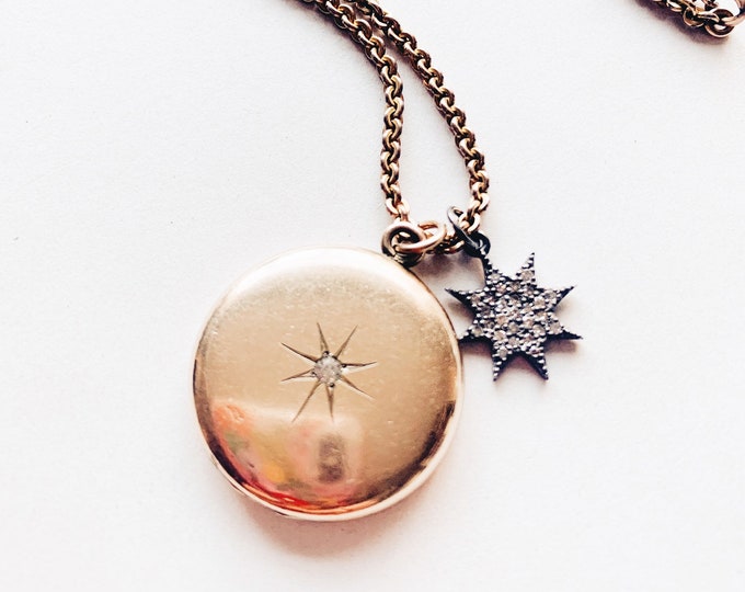 Single Paste Star Locket with Monogram on Heavy Gold Fill Chain with Barrel Clasp. (With or without Diamond Sunburst Charm)