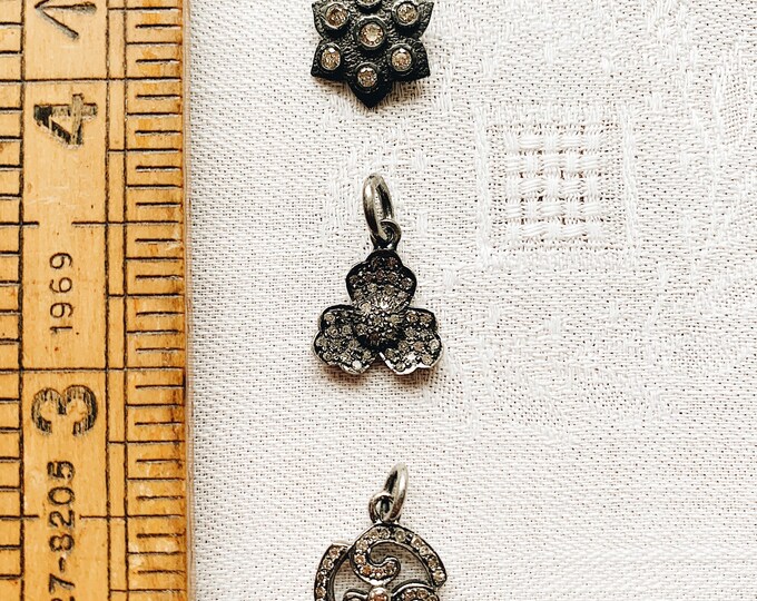 Diamond & Aged Silver Charms, Good Fortune, Lotus and 3-Petal Flower