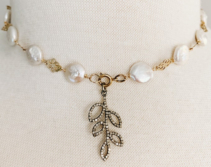 Antique Pinchbeck Daisy & Vintage Coin Pearl Choker with Diamond Vine Charm (optional)