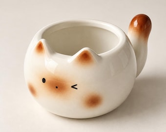 May include: A round white ceramic mug shaped like a cat head with two small ears, brown airbrushed accents on the face and ears, a winking face with a small dot nose, and a brown-tipped tail handle extending from the side of the mug.