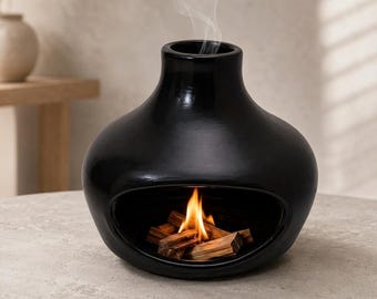 May include: A black ceramic tabletop fireplace with a rounded, bulbous body and a wide, oval-shaped opening at the front. Inside the opening, small pieces of wood are burning with a bright orange flame, and thin wisps of smoke rise from the top.