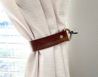 Leather Curtain Ties, Leather Curtain Tie Backs, Leather Tieback Window Treatment MCM Scandi Hardware Shower Curtain Tie