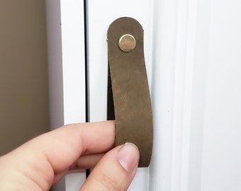 Olive Leather Drawer Pulls: Boho Cabinet Handles, Gold or Silver Hardware