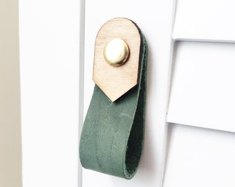 green leather and wood drawer pulls, west coast modern boho drawer handles, cabinet pulls, knobs, Leather furniture handles, Scandi MCM