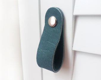 turquoise Leather drawer pulls nursery dresser hardware furniture handles leather knobs  cabinet hardware drawer door scandi boho - PEACOCK