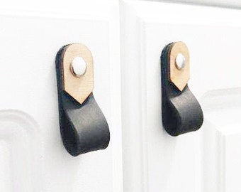 black leather pulls wood knobs leather handles west coast modern boho drawer handles cabinet pulls knobs Leather furniture handle Scandi MCM