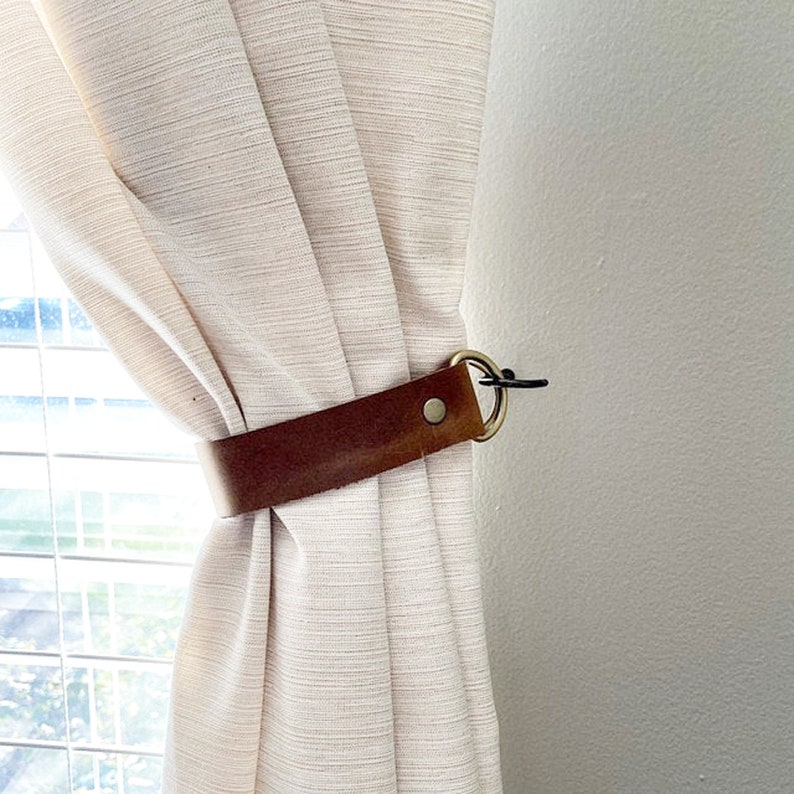 Leather Curtain Ties, Leather Curtain Tie Backs, Leather Tieback Window Treatment MCM Scandi Hardware Shower Curtain Tie image 1