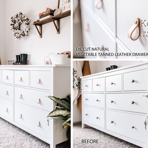 May include: A white chest of drawers with natural leather drawer pulls. The image shows the chest before and after the drawer pulls were installed. The chest is in a room with a white wall, a shelf, and a wreath.