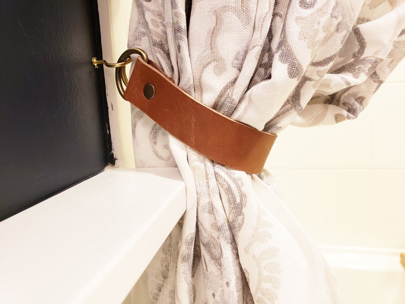 Leather Curtain Ties, Leather Curtain Tie Backs, Leather Tieback Window Treatment MCM Scandi Hardware Shower Curtain Tie image 2