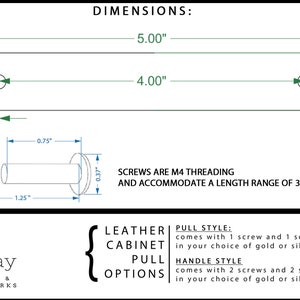 May include: Diagram of a leather cabinet pull with dimensions. The pull is 12.7 cm long, 1.9 cm wide, and has two holes for screws. The screws are M4 threading and accommodate a length range of 1.9 cm to 3.2 cm. The image also shows the screw dimensions.