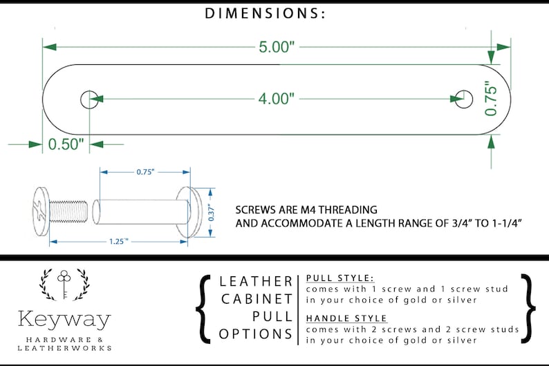 May include: Diagram of a leather cabinet pull with dimensions. The pull is 12.7 cm long, 1.9 cm wide, and has two holes for screws. The screws are M4 threading and accommodate a length range of 1.9 cm to 3.2 cm. The image also shows the screw dimensions.