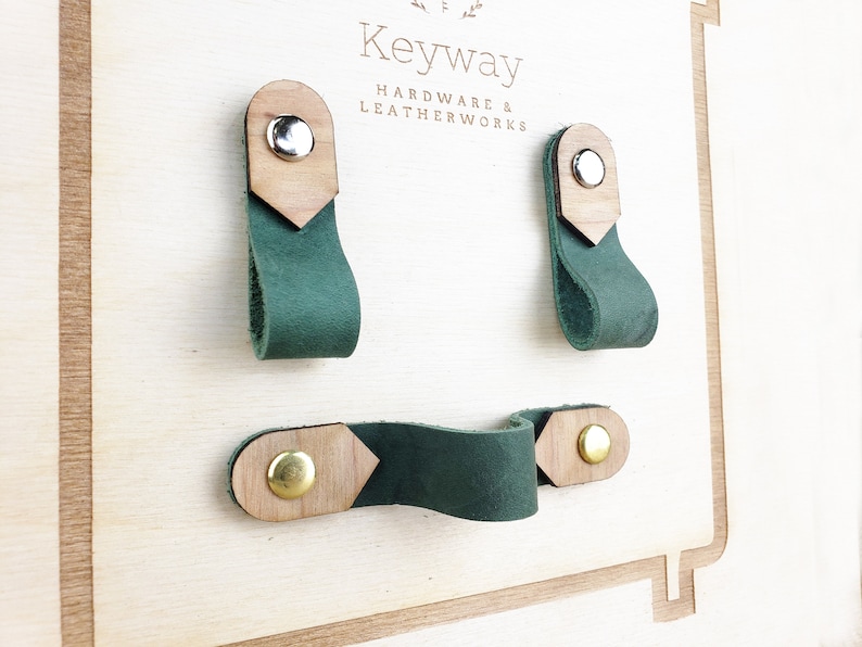 Green leather and wood drawer pulls west coast modern boho Etsy