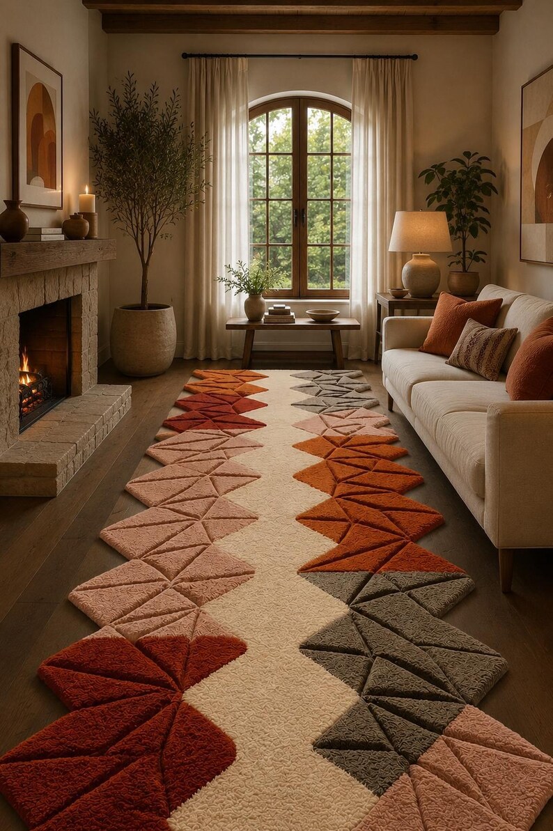 Hand-tufted Wool Runner Rug: 3D Geometric Triangle Design, Terracotta ...