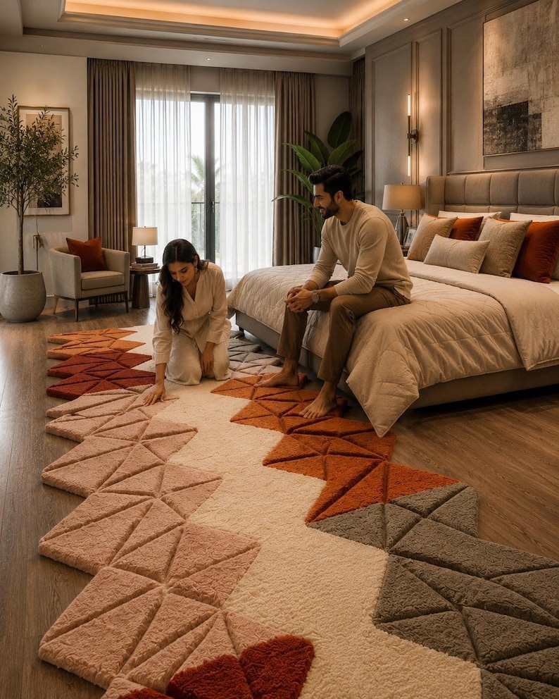 Hand-tufted Wool Runner Rug: 3D Geometric Triangle Design, Terracotta ...