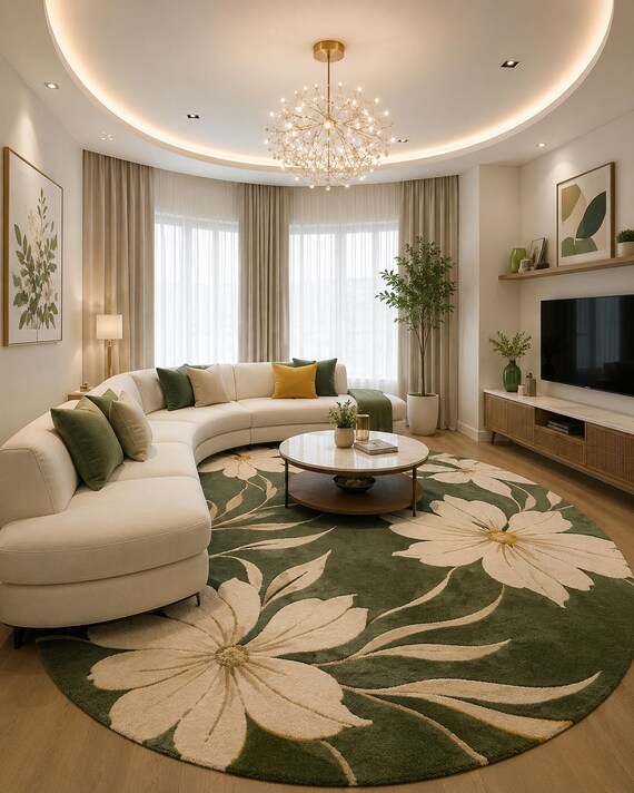 Hand Tufted Wool Round Rug, Green Botanical Floral Area Carpet, Luxury Living Room Home