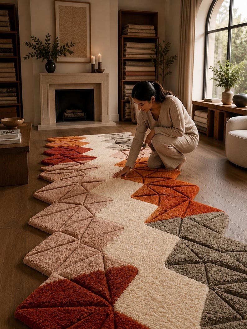Hand-tufted Wool Runner Rug: 3D Geometric Triangle Design, Terracotta ...