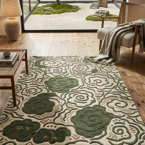 Puede incluir: Una alfombra rectangular con una base de color crema y un patrón de relieve con mechones de formas estilizadas verdes y bronceadas que recuerdan a flores o nubes. El diseño presenta contornos orgánicos repetidos y motivos circulares.