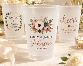 Personalized Frosted Wedding Cups, Bulk Wedding Favors, Custom Reception Cups for Guests Bridal Shower Engagement Party