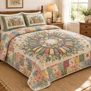 Wildflower Books Bedding Set, 1 Quilted Blanket & 2 Pillowcases, Cottagecore Floral Quilt, Farmhouse Bedspread, Vintage Patchwork