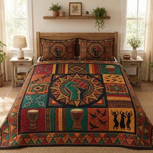 Juneteenth Soul Bedding Set, 1 Quilted Blanket, 2 Pillowcases, African Heritage Quilt, Boho Patchwork Bedspread Gift