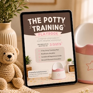 May include: A digital tablet displaying a document titled The Potty Training Playbook. The cover features text about a 3-day plan, a readiness checklist, and reward charts. It includes the author name Emily Koroneos and Bug & Bloom Co.
