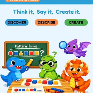 Peut inclure: Un cahier d'exercices MathBuddy pour les niveaux 1-2 avec le texte Patterns & Rules, Think it, Say it, Create it, Discover, Describe, Create et Pattern Time. Trois dinosaures de dessin animé interagissent avec des formes géométriques.