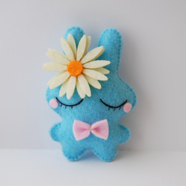 Blue bunny rabbit with flower felt plush doll cute gift for mom Easter basket decor