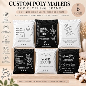 Puede incluir: Seis sobres de polietileno personalizados para marcas de ropa en blanco y negro con varios diseños gráficos, incluyendo textos como Good Clothes Brighter Days, Your Brand Here y Thank You, con iconos de redes sociales y sitios web.