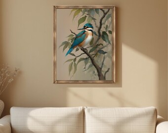 Vintage Kingfisher Bird Print | Cottagecore Wall Art | Instant Download | A4 A3 4x5 | Blue Bird Nature Decor