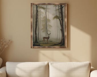 Misty Forest Deer Print | Vintage Nature Wall Art | Instant Download | A4 A3 4x5 | Woodland Cottagecore Decor