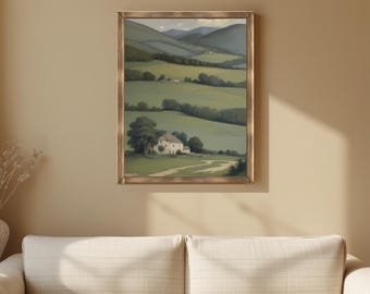 Vintage Farmhouse Landscape Print | Countryside Wall Art | Instant Download | A4 A3 4x5 | Rustic Nature Decor