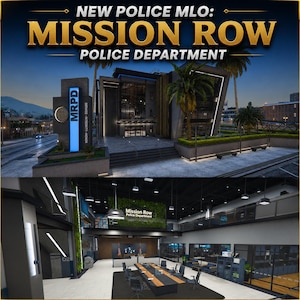 May include: A digital rendering of the Mission Row Police Department featuring an exterior view with a modern building, palm trees, and a blue illuminated sign, and an interior view of a large conference room with a long table and office furniture.