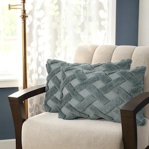 May include: Two rectangular throw pillows in a muted blue-green shade, featuring a raised, textured woven pattern across the front surface. The pillows are plush and soft, with a consistent color and design throughout the fabric construction.