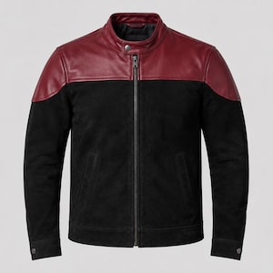 Men's Black Suede Leather Jacket, Oxblood Red Color Block Cafe Racer Jacket, Handmade Genuine Leather Biker Jacket, Gift for Him