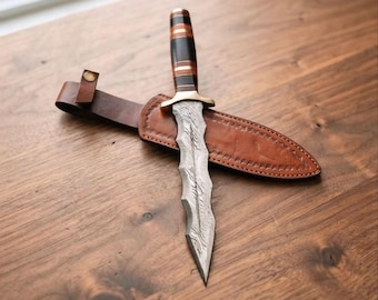 Handcrafted Damascus Kris Dagger | Bull Horn Handle with Leather Sheath | Artisan Display Gift