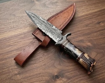 Handcrafted Damascus Bowie Knife | Bone & Stag Horn Handle with Leather Sheath | Handmade Collector Piece