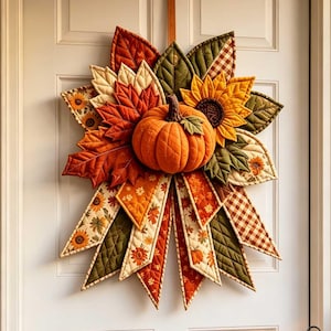 Peut inclure: Une décoration de porte en tissu avec une citrouille orange centrale entourée de feuilles matelassées dans des tons rouge, orange et vert olive. Le motif inclut des tournesols, du tissu vichy marron et blanc, et des fanions en tissu pointus.