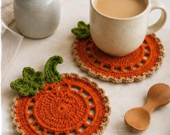May include: Two round crochet coasters shaped like pumpkins, featuring a vibrant orange center with a scalloped beige border and a green stem with leaves. One coaster supports a speckled ceramic mug filled with a light brown beverage.